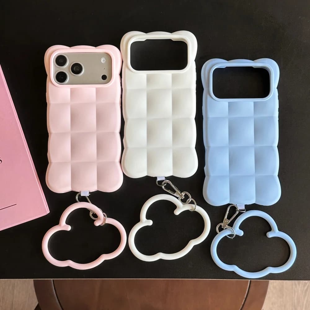 Cute Cloud Shape Grid Phone Case With Cloud Ring Hand Strap for iPhone 18 17 16 15 14 13 Pro Max Soft Silicone Shockproof Cover