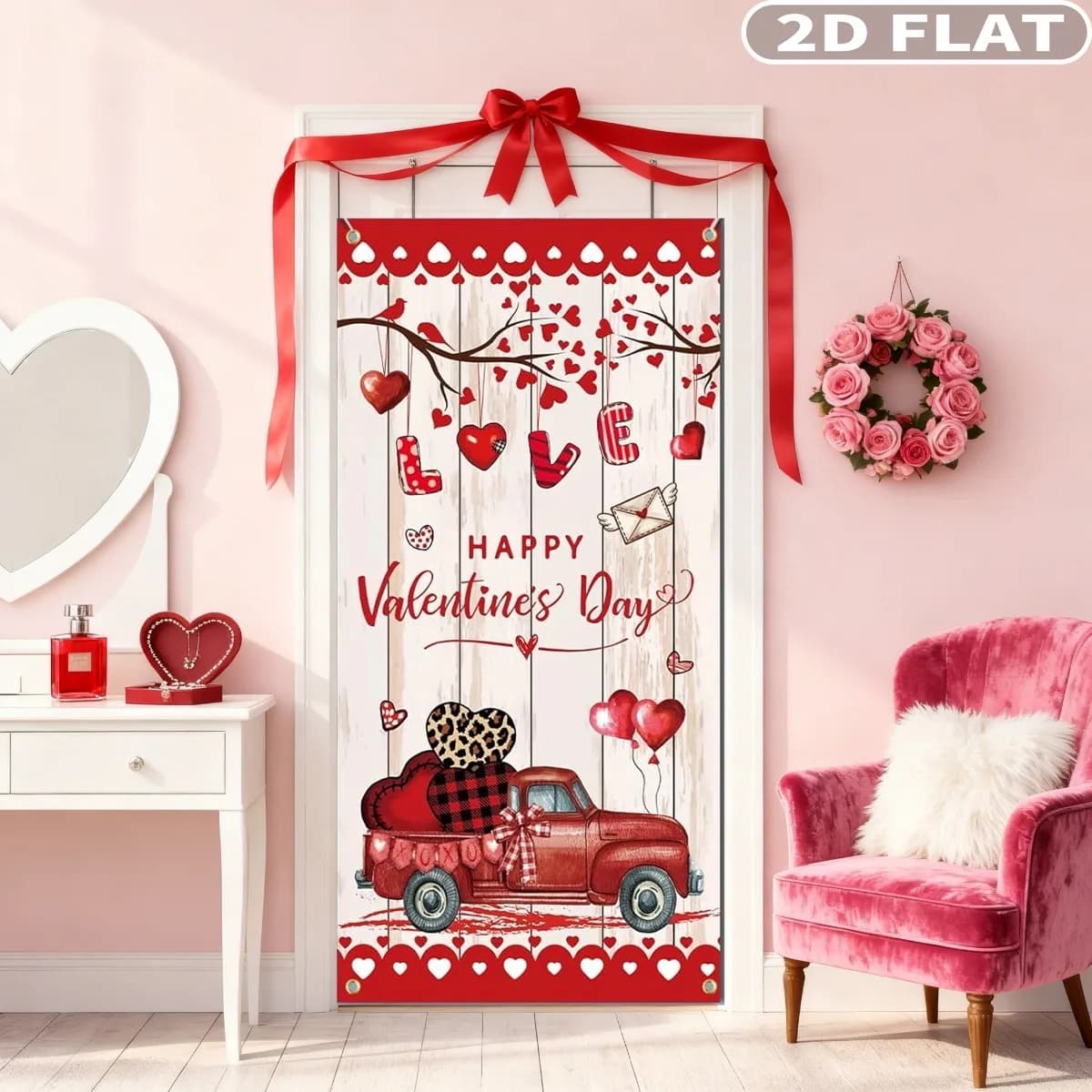 1pc Romantic Happy Valentines Day Photo Booth Props with Ribbon, 71x35 Inch Polyester Truck Red Heart Love Door Decor Backdrop