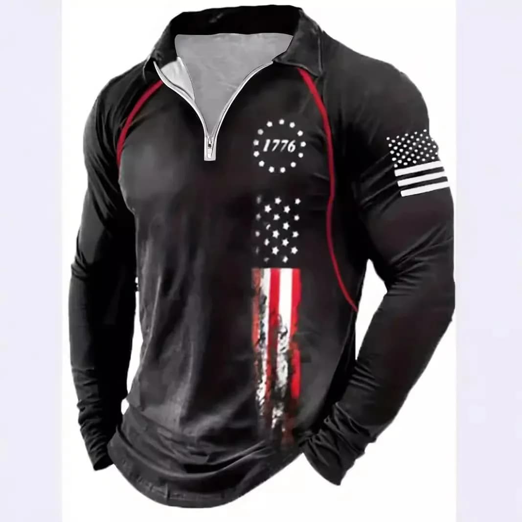 Spring and Autumn Men's Fashion New 1776 Long Sleeve Digital Print Comfortable Street Casual Lapel Zipper POLO Shirt