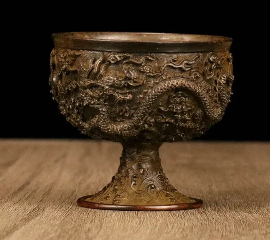 2"Old chinese dynasty Bronze fengshui dragon beast goblet wineglass cup
