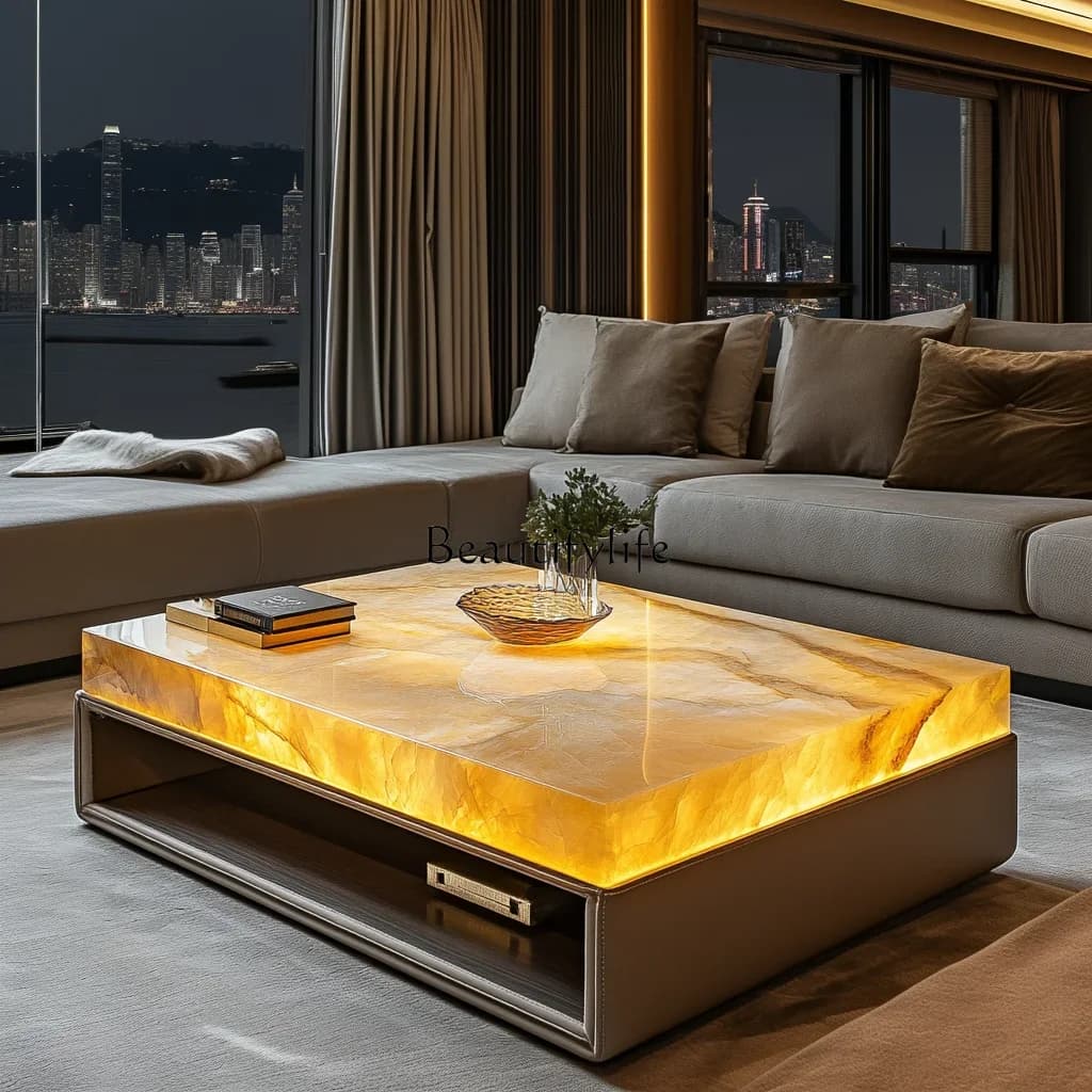 09luminous jade  stone coffee table living room custom square modern design large flat floor stone light