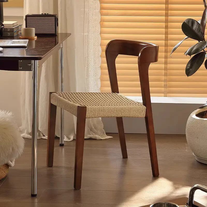 HYS French medium and retro solid wood rattan dining chair coffee stackable rope woven backrest bedroom makeup stool