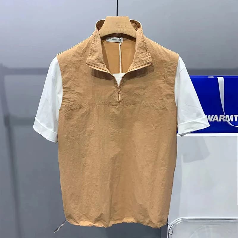 Summer Zipper Stand Collar Spliced Short Sleeve Men T Shirt Drawstring Waist Thin Hit Color Fashion Casual 2xl Oversized Clothes
