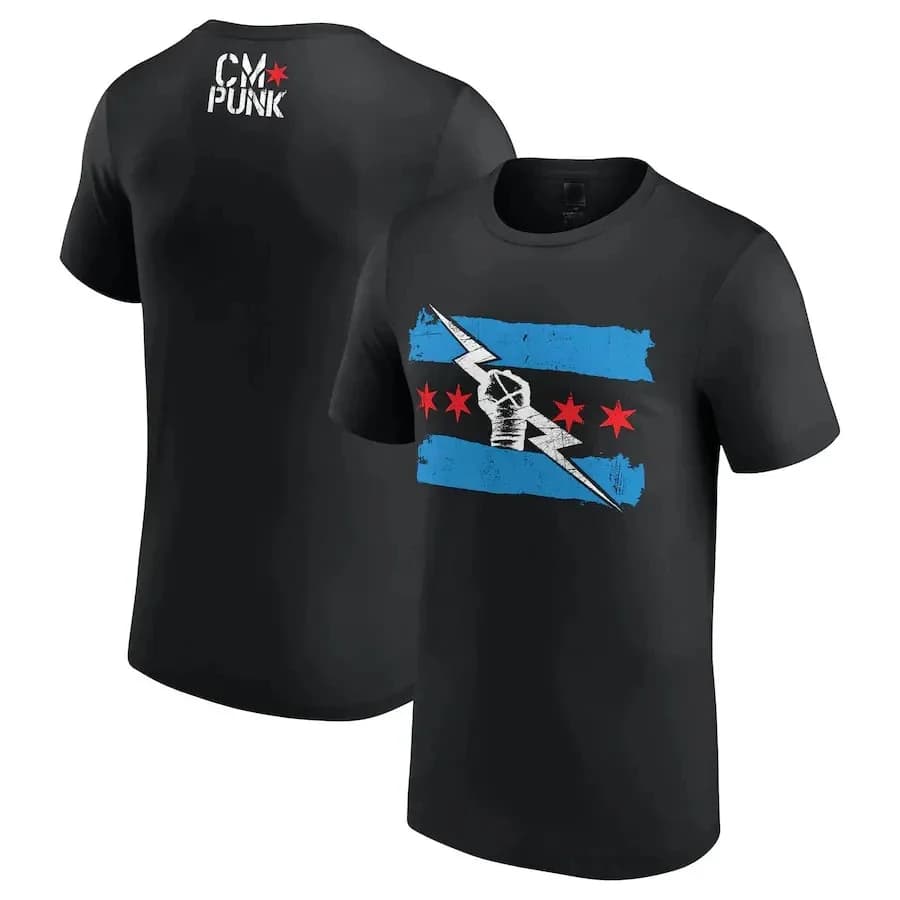 Men’s CM Punk Wrestling T-Shirt, Vintage Chicago Flag Lightning Fist Double-Sided Print Black Daily Casual Short Sleeve Tee