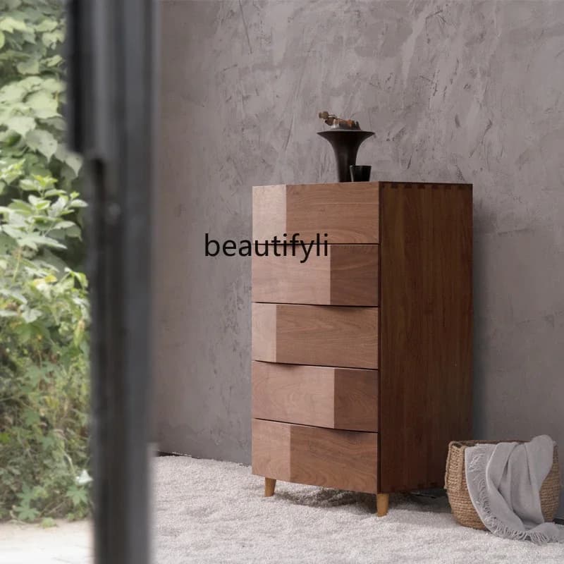 Five-Drawer Cabinet Solid Wood Furniture Drawer Living Room Storage Cabinet Black Walnut Cherry Wood