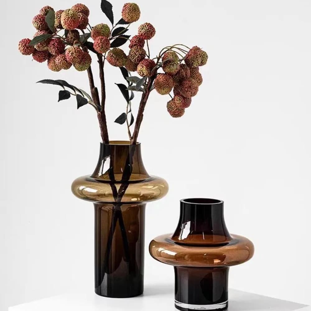 Florero  color ámbar, florero artístico  cristal, adorno  mesa para sala  estar, dispositivo  arreglo  flores secas