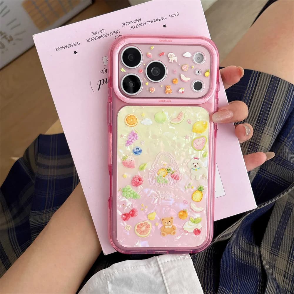 Kawaii Shell‑Gradient Phone Case For iPhone 15 16 17 Pro Max Sweet Fruit Teddy Bear Puppy Sticker Style Print Anti‑Drop Shell