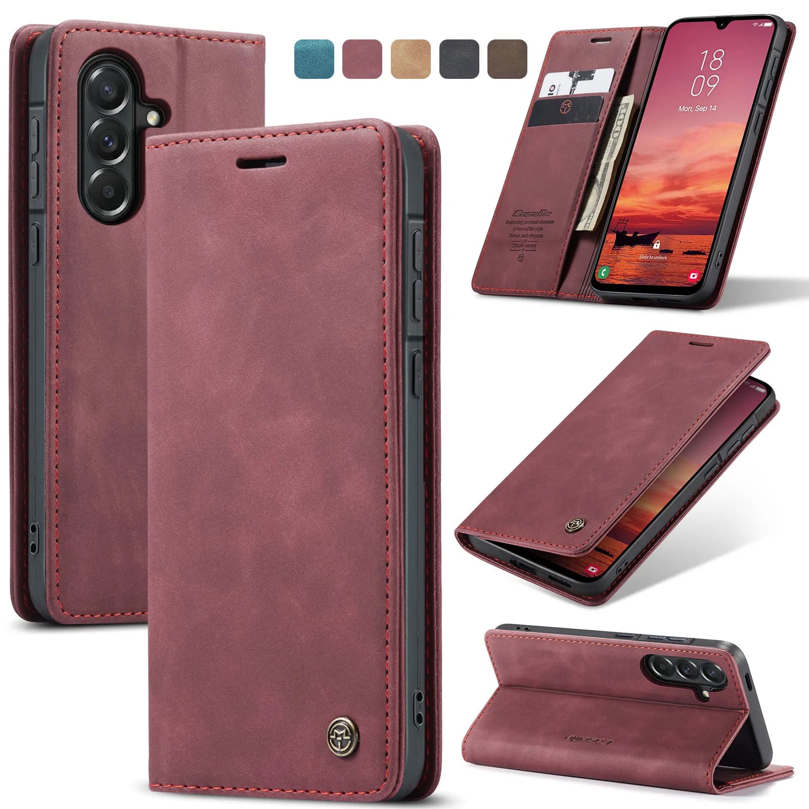 CaseMe Plain Leather Case for Samsung Galaxy A17 A37 A57 A16 A36 A56 A15 A55 A14 A54 5G Wallet Card Slots Holder Cover Protector