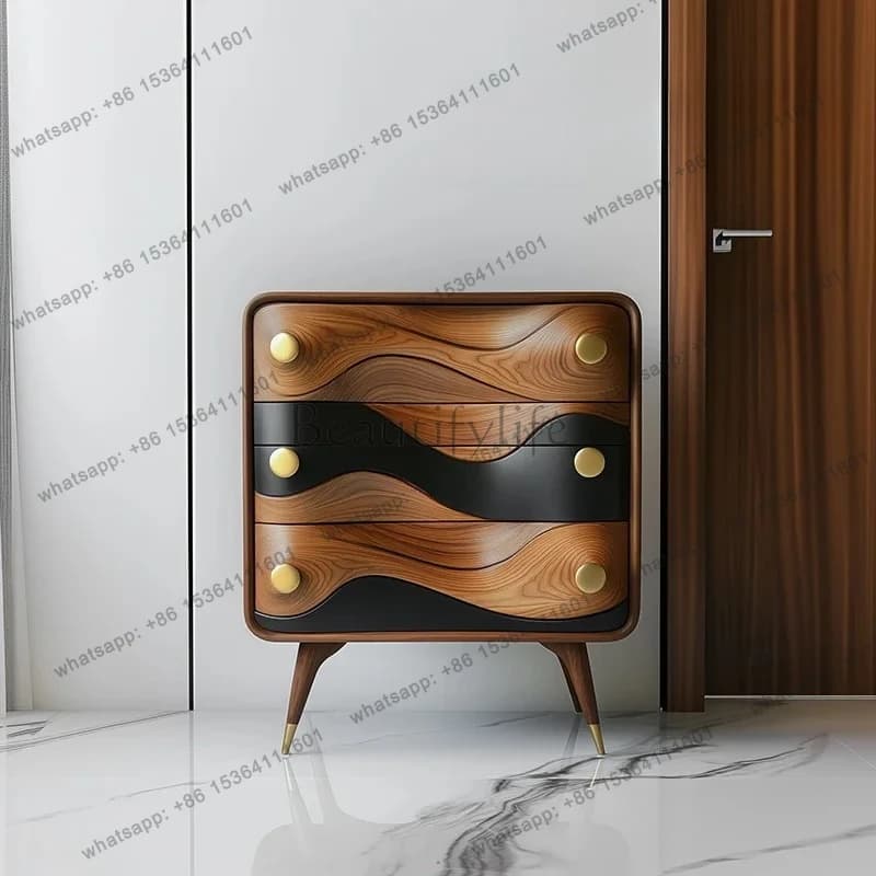 Designer creative three-bucket cabinet, high-end walnut bedroom locker, Nordic retro solid wood drawer cabinet, entrance cabinet