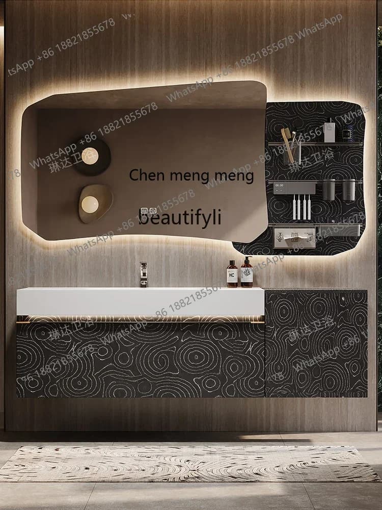 Light luxury walnut bathroom cabinet mirror cabinet combination rock slab hot bending integrated washbasin