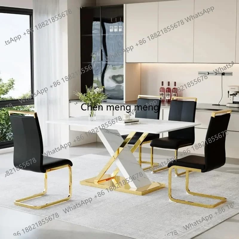 RR Modern Marble Dining Table Set for 4,White Gold 63'' Dining Room Table with Chrome Plated X-Shaped Frame and White Customized