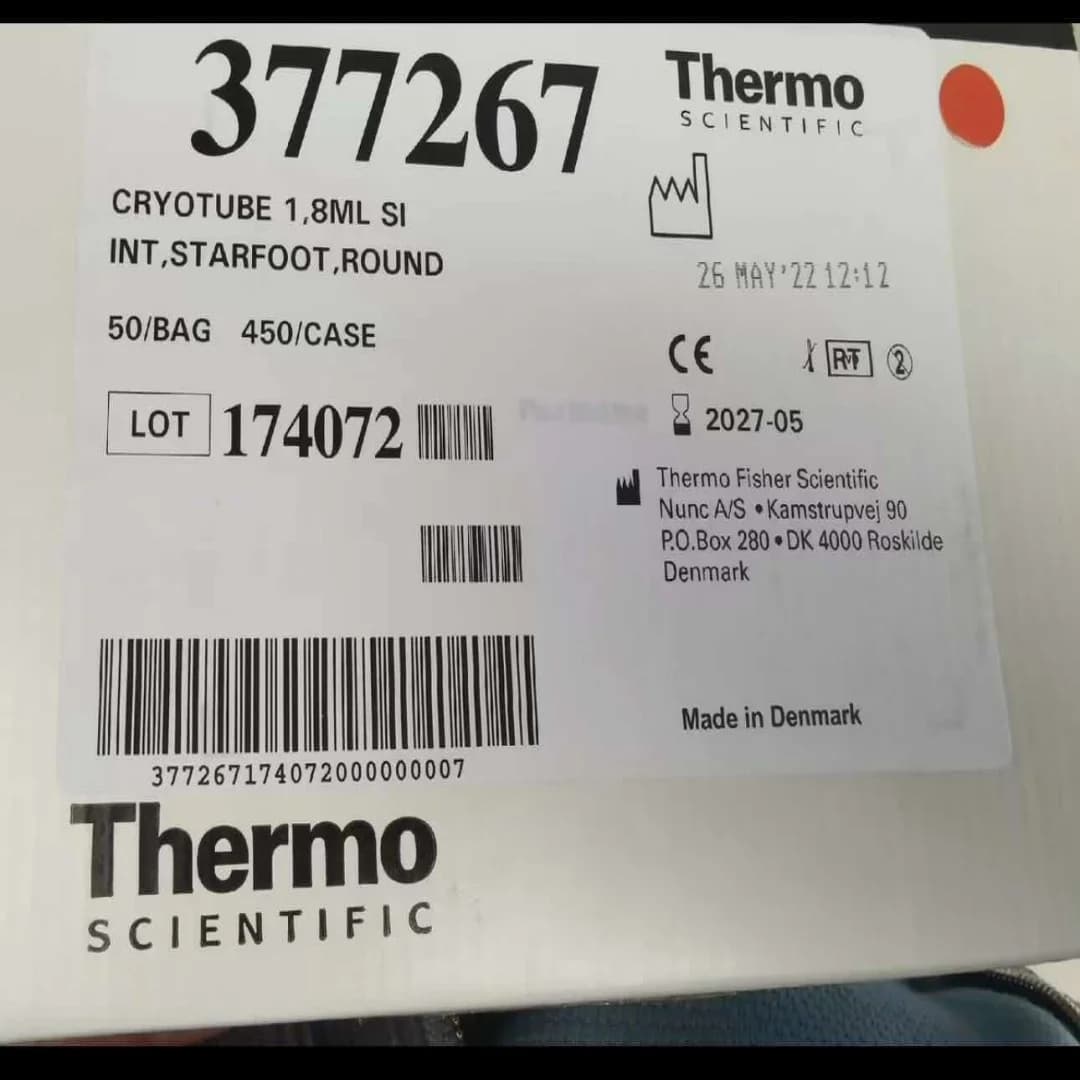 Thermo Nunc 377267 1.8ml liquid nitrogen internal rotation cap cryovial sterilized without enzymes 375418 external rotation