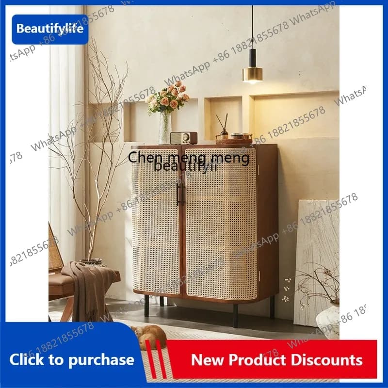 C85 Nordic Solid Wood Sideboard Vintage Rattan Sideboard Cabinet Bed & Breakfast Bedroom Living Room Silent Style Storage Locker