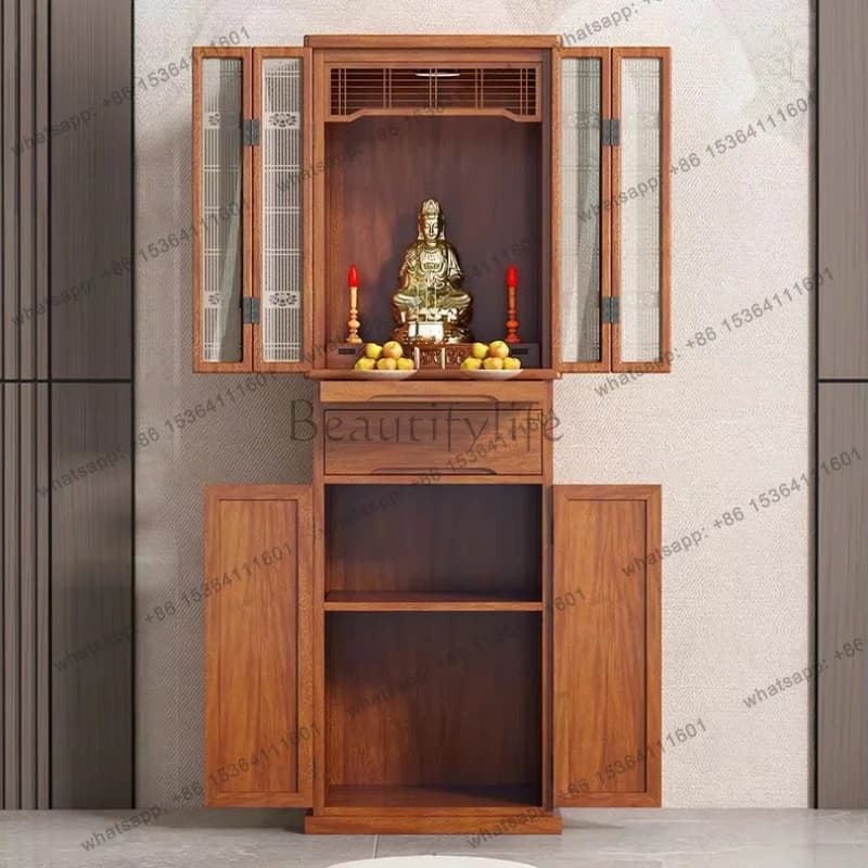YJ Buddhist Shrine Cabinet Chinese Style Wooden Altar Table with Doors for Home Worship Buddha Guan Yin