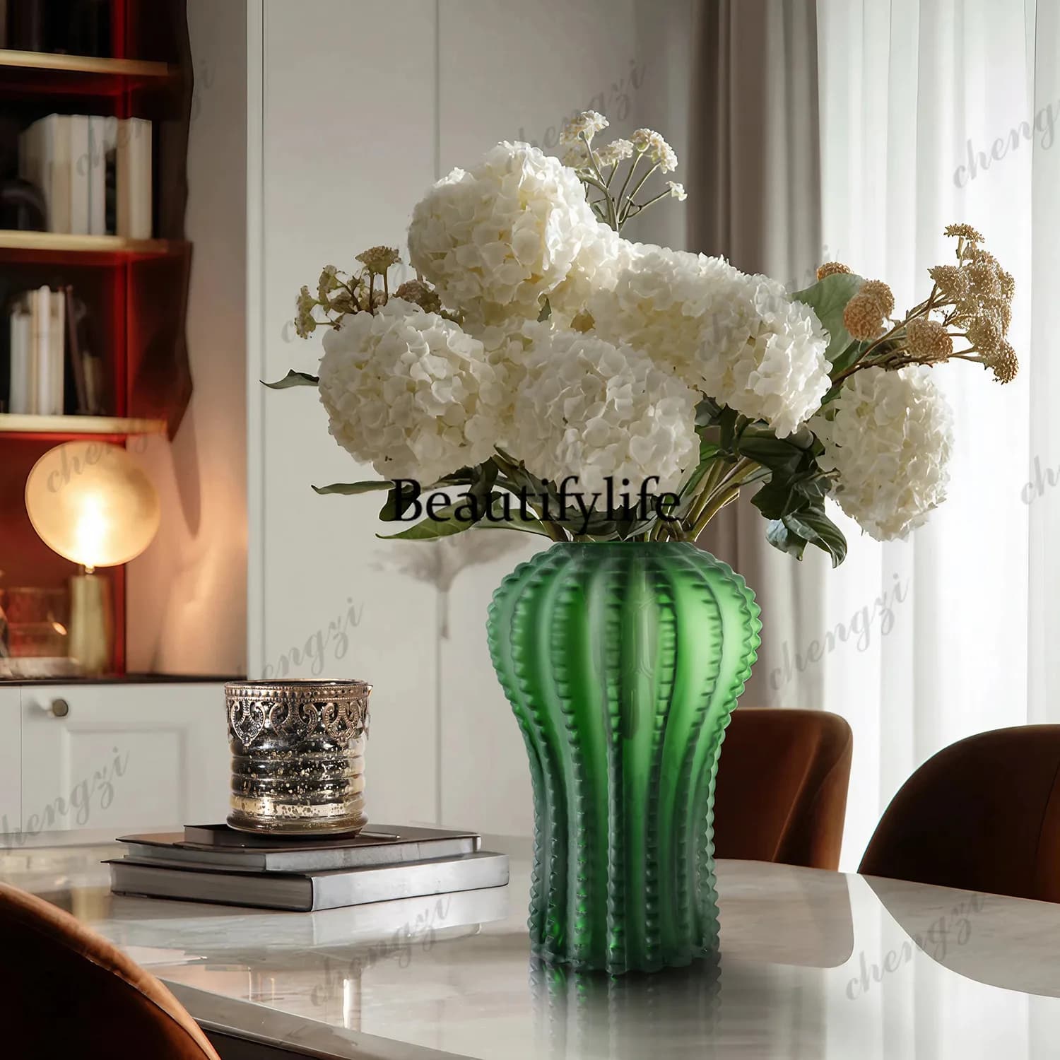 Nordic light luxury green hydroponic glass vase, living room flower arrangement art ornament, home soft decoration