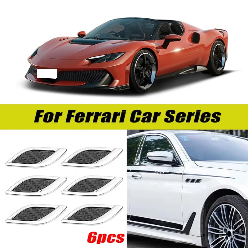 6Pcs Chrome / Black 3D Car Side Fender Air Vent Hood Scoop Outlet Cover Decorative Trim For Ferrari Car Series