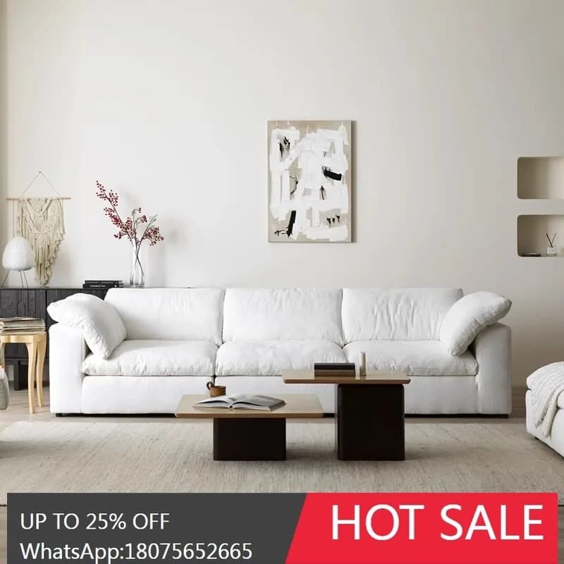 wabi-sabi wind white cotton and linen sofa straight row three-person small apartment cloud sofa