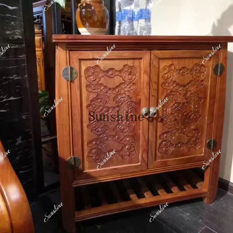 Chinese solid wood simple modern foyer/carved simple economical entrance shoe cabinet FT