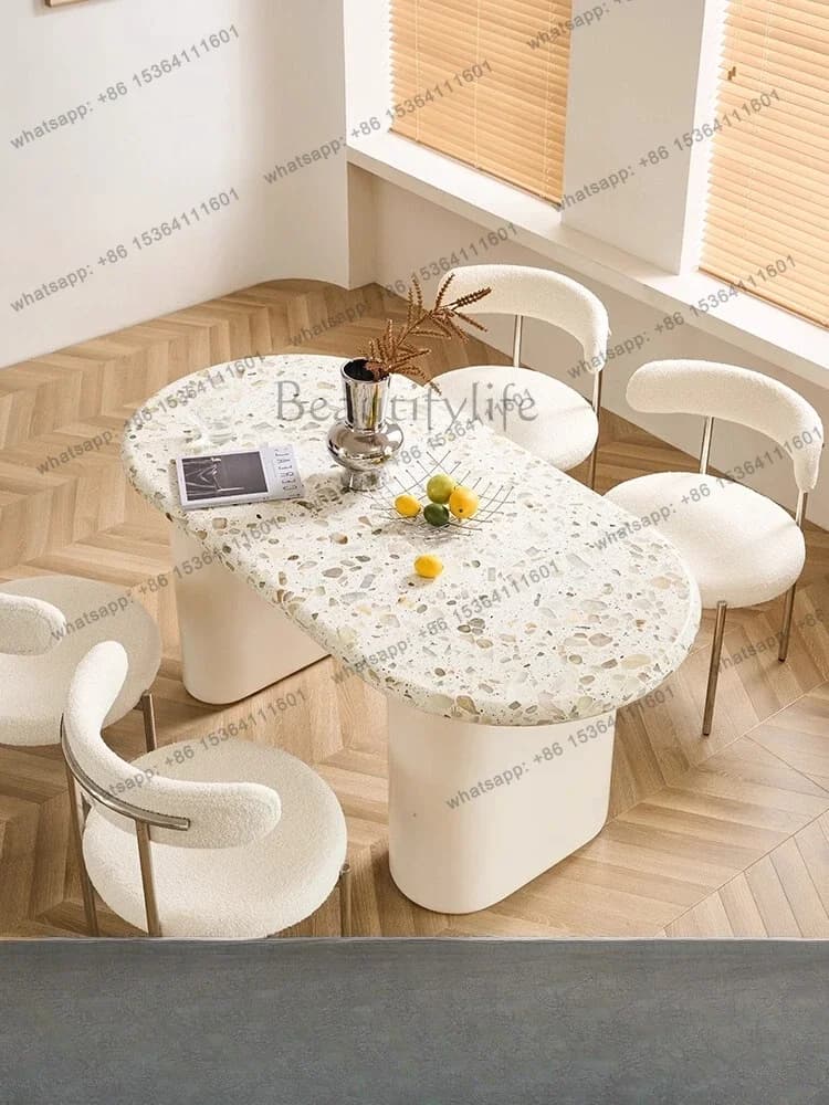 56French cream feng shui grinding stone dining table and chair combination household oval light luxury marble dining table