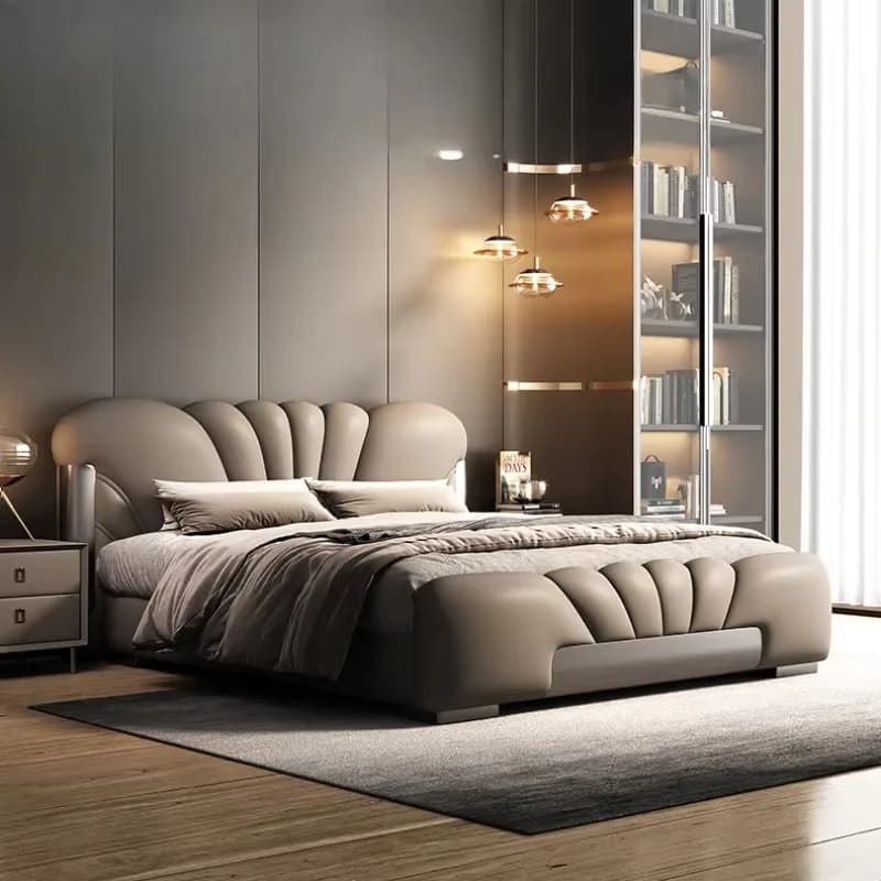 Nordic Headboard Leather Double Bed Frame King Size Luxury Wooden Double Bed Twin Modern Letto Matrimoniale Bedroom Furniture