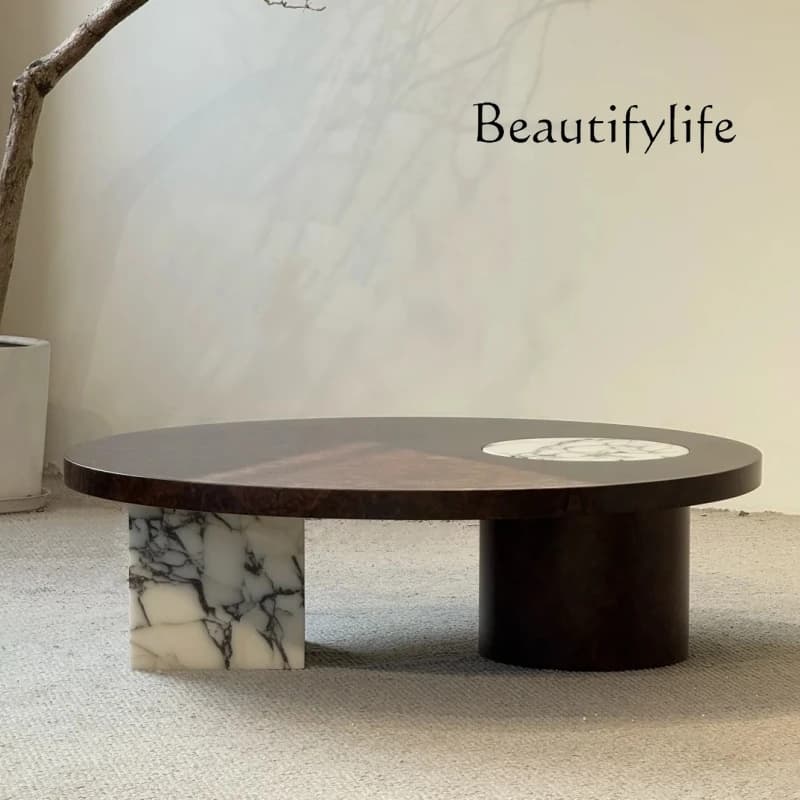 Italian minimalist rock slab coffee table living room household light luxury small apartment round new high-end coffee table