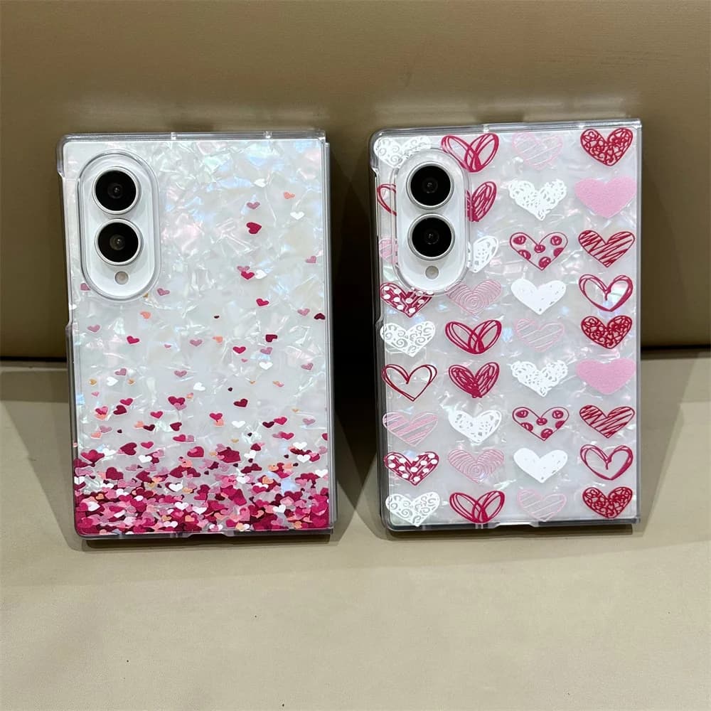 Cute Pink Heart Shell Texture Phone Case For Samsung Galaxy Z Fold 8 Ultra Z Fold 7 6 5 4 3 Shockproof Protective Cover Girls