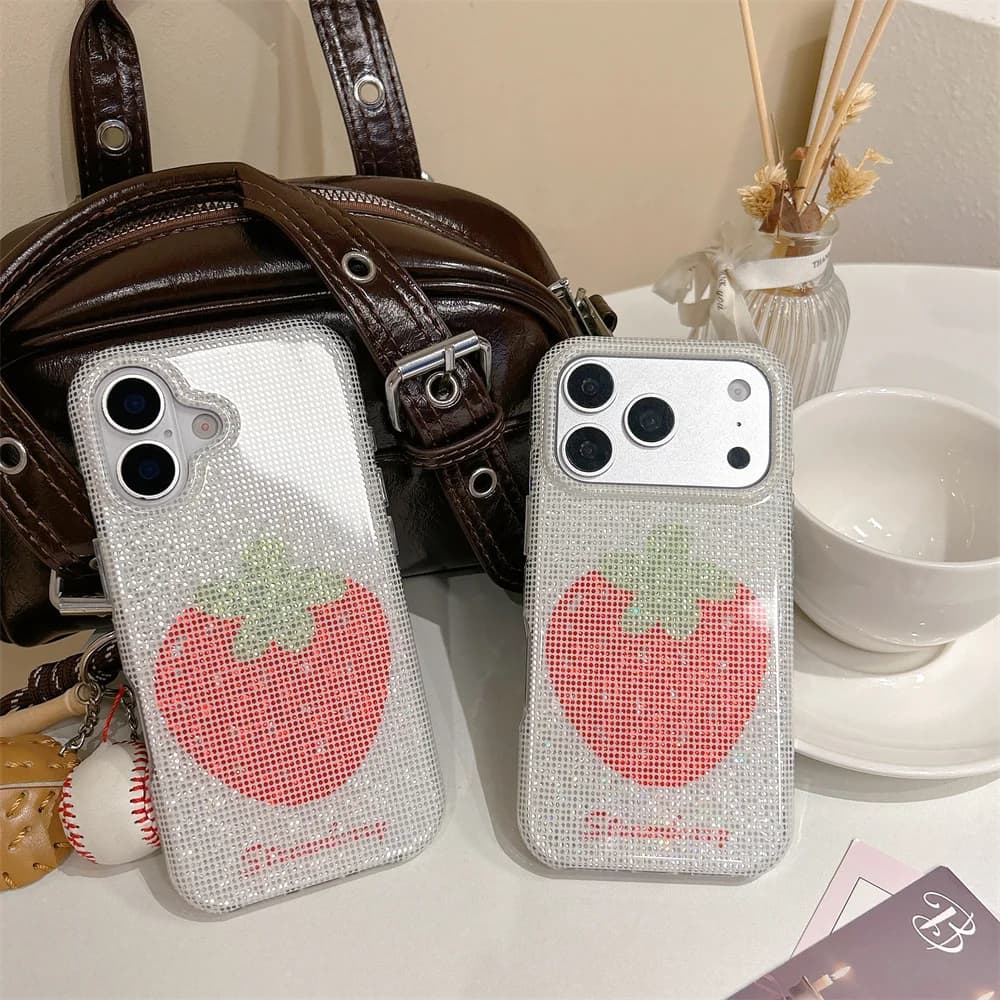 Kawaii Bling Strawberry Case For iPhone 15 16 17 18 Pro Max Sparkly Rhinestone Surface Fruit Fashion Girls Hard Phone Shell