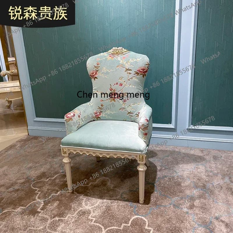 M178 French court solid wood carving flower leisure chair living room single fabric chair soft backrest book chair