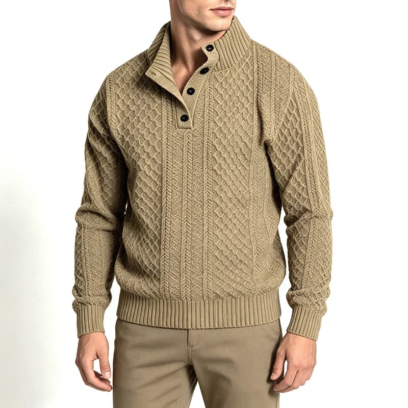 Spring Autumn Men Rhombus Jacquard Knit Henley Shirt Stand Collar Button Neck Long Sleeve Soft Casual Daily Outdoor Pullover Top