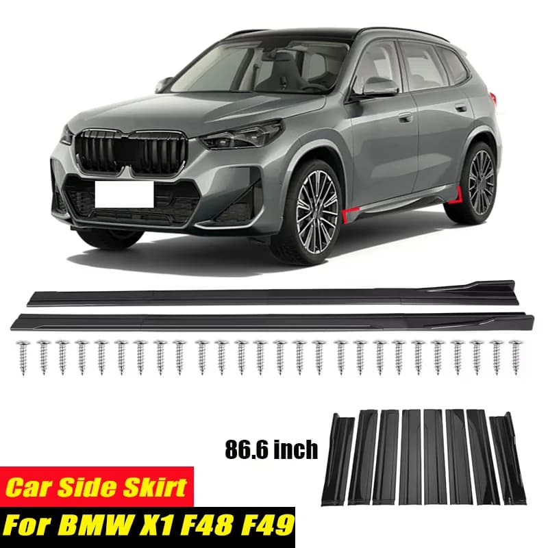 For BMW X1 F48 F49 Racing Style Side Skirts 86.6Inch 2.2M Rocker Panels Side Lip, ABS 8Pcs Glossy Black Car Body Kit