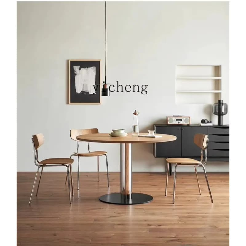 Komatsu Round Dining Table Modern Simple Log Style White Oak Solid Wood Stainless Steel Household Dining TableD18
