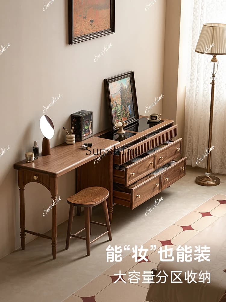 Black walnut solid wood dresser chest cabinet integrated French retro retractable bedroom makeup table  FT