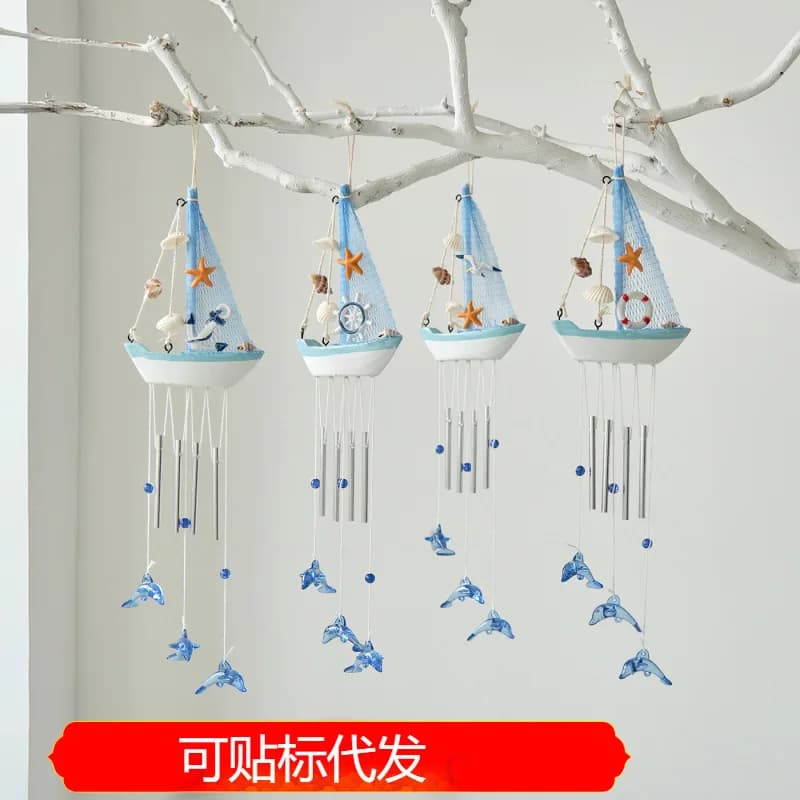 Mediterranean Style Wind Chime Wooden Sailboat Hanging Decor Creative Handmade Home Ornament
