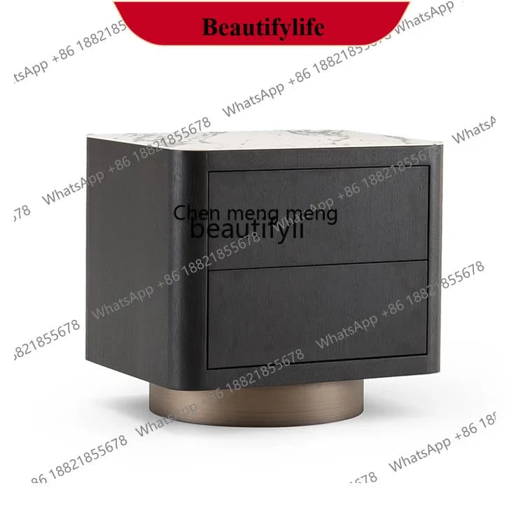 D178 Italian Minimalist Style Sintered Stone Solid Wood Bedside Table Smoky Color Light Luxury Nordic Bedroom Storage Cabinet
