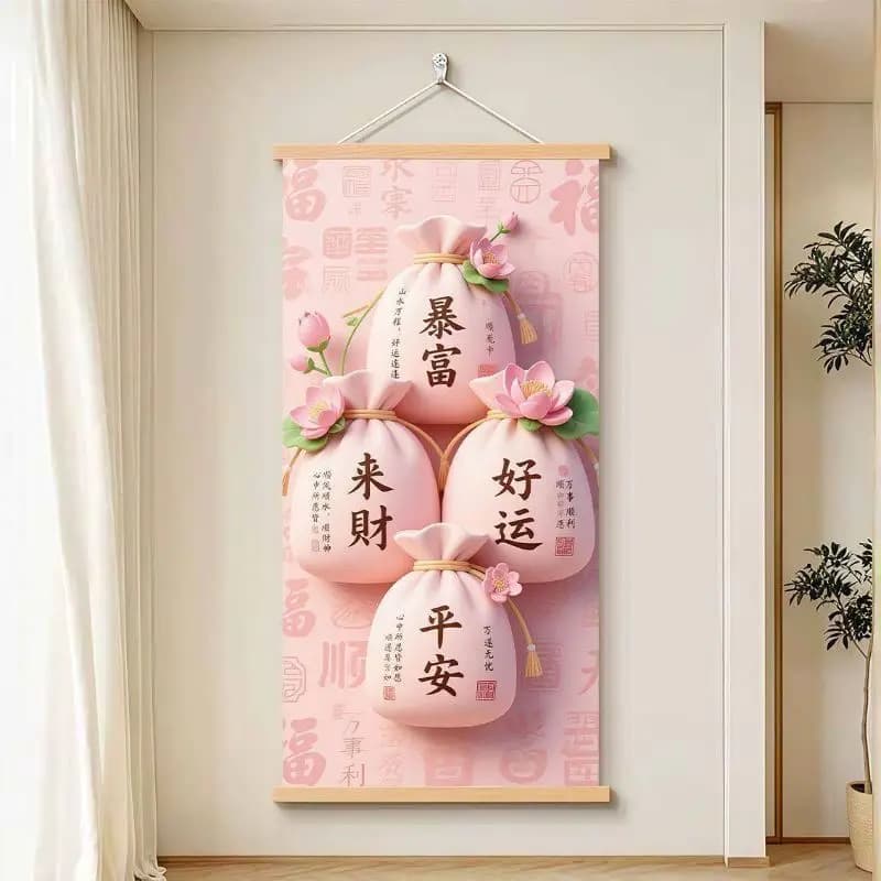 Pink Wealth Bag Scroll Wall Painting, Chinese Wealth Blessing Hanging Art, Entrance Living Room Wooden Coat Rack Decoration
