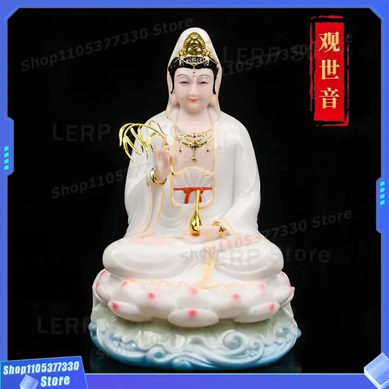 White Guanyin Bodhisattva Statue Imitation Marble Sitting on Lotus Home Decor South China Sea Dripping Water Buddhist Art