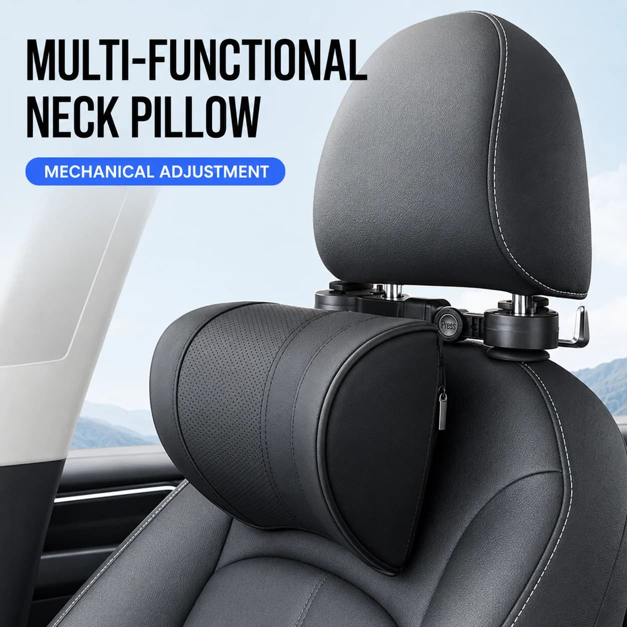 Adjustable Leather Car Seat Headrest Cushion with Memory Foam, Multifunctional Auto Neck Support Pillow Interior Accessory