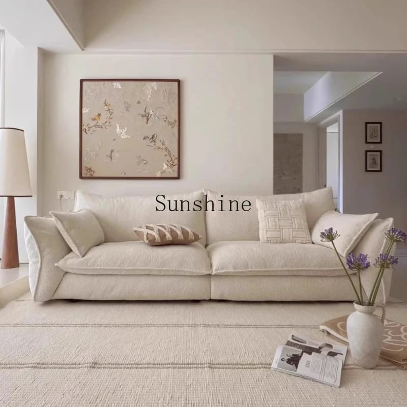 French retro, cream style living room straight row design, small apartment fabric sofa