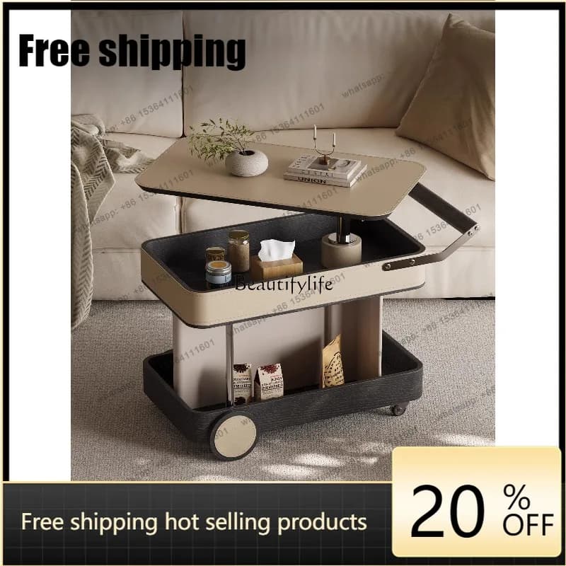 Customizable Italian Minimalist Trolley Sofa Edge Few Movable Lift Rotating High-end Saddle Leather Storage Living Room