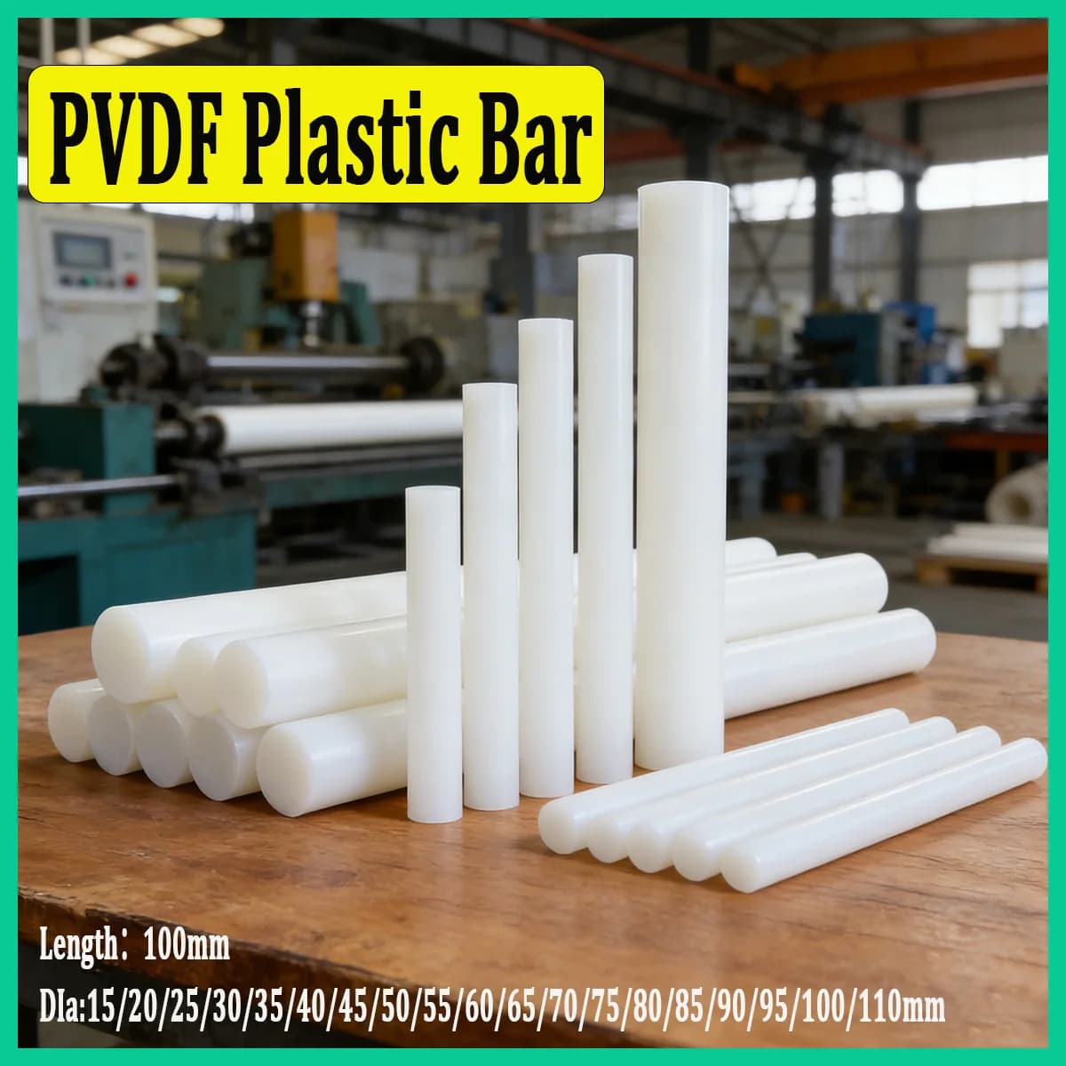 15-110mm PVDF Solid Rod, Heat & Chemical Resistant Bar, CNC Machinable for Industrial & Semiconductor Use
