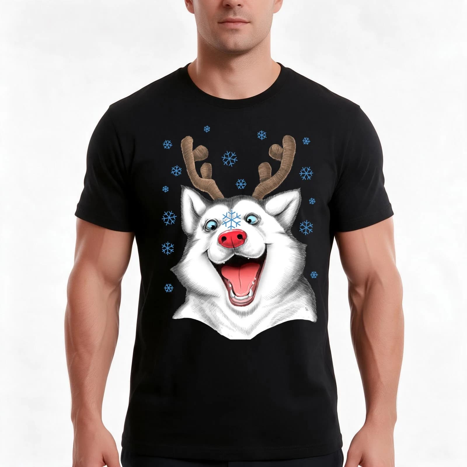 Husky Rudolph T-Shirt, Summer Casual Cotton Tee, Oversized Streetwear Tops, Vintage Graphic Print, Loose Fit Short Sleeve