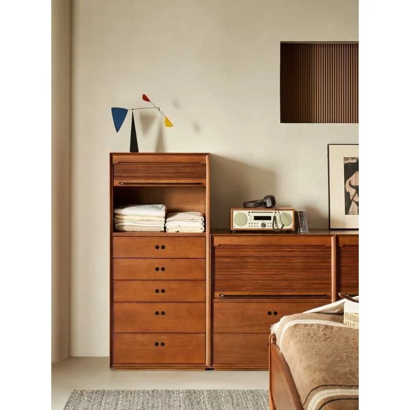Solid wood retro retractable rolling shutter door dining side cabinet, living room storage medieval side cabinet