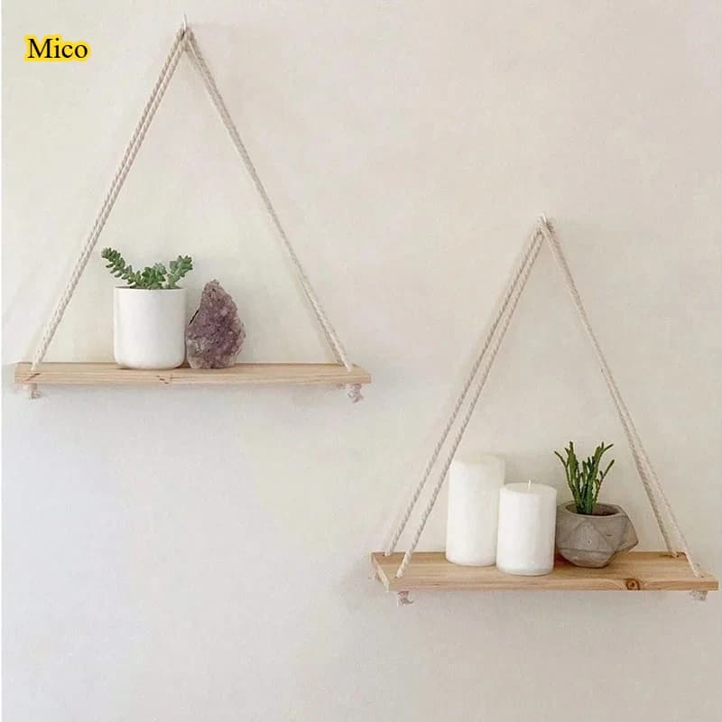 Wooden Hanging Swing Shelf with Hemp Rope, Floating Wall Tray for Plants & Home Decor 43.2x12.7cm