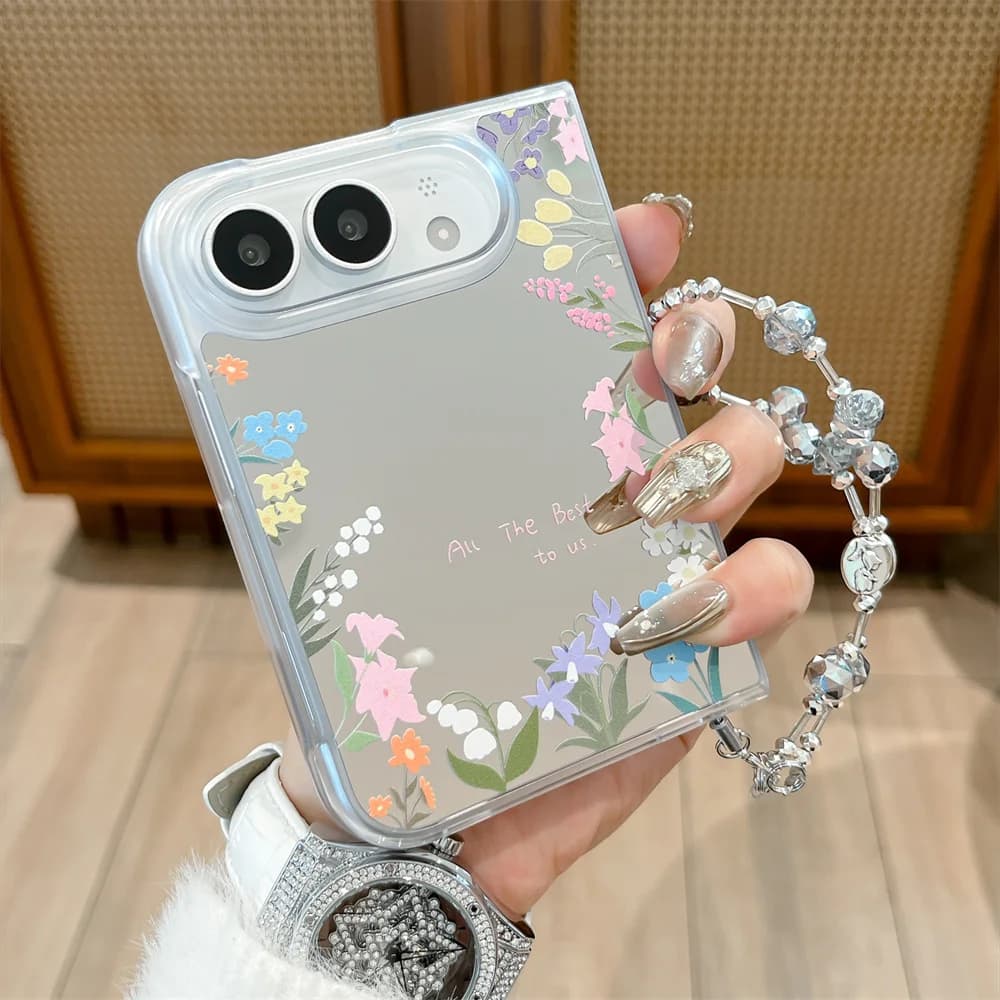 Colorful Floral Wreath Mirror Phone Case For iPhone Duo  Makeup Mirror Hard Shell With Crystal Bead Chain Shockproof Cover