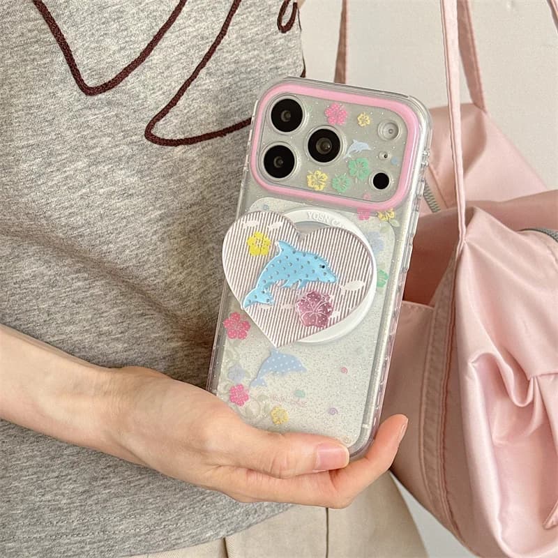 Clear Glitter Magnetic Phone Case For iPhone 15 16 17 ProMax Cute Dolphin Flower Print Pink For Magsafe Frame Shockproof Cover
