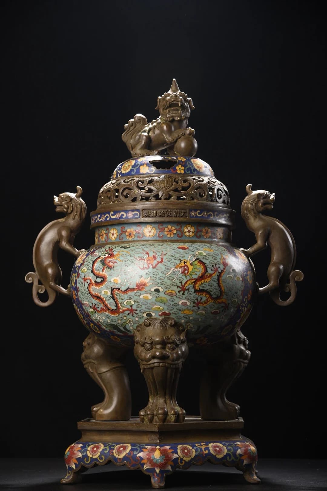 24"Tibetan Temple Collection Old Bronze Cloisonne Enamel Dragon Pattern Lion Statue Dragon Ear incense burner Town house