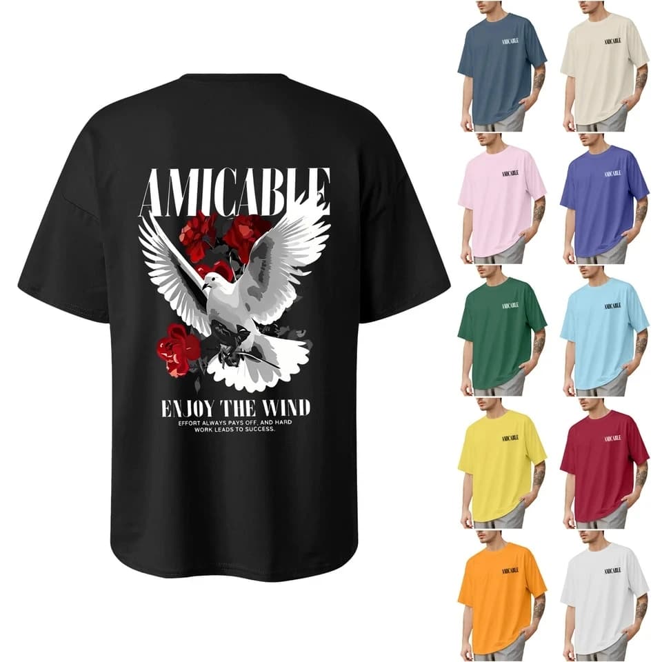 Fashion Men's T-Shirt Crew Neck Drop Shoulder Short Sleeved Tops Letter Print Casual Tees Shirts Summer Male Causal Tshirts