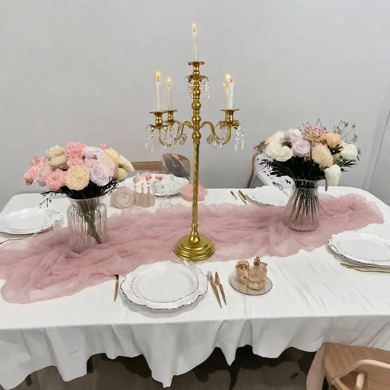 6PCS Romantic Wedding Table Centerpiece Display Candle Stand Decoration Golden Candlestick Multi-Head Crystal Pendant Candlebra