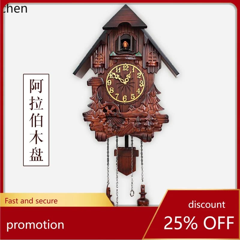 ZML Solid Wood Hand-Carved Wall Clock with Music and Hourly Chime, Creative Swing Clock