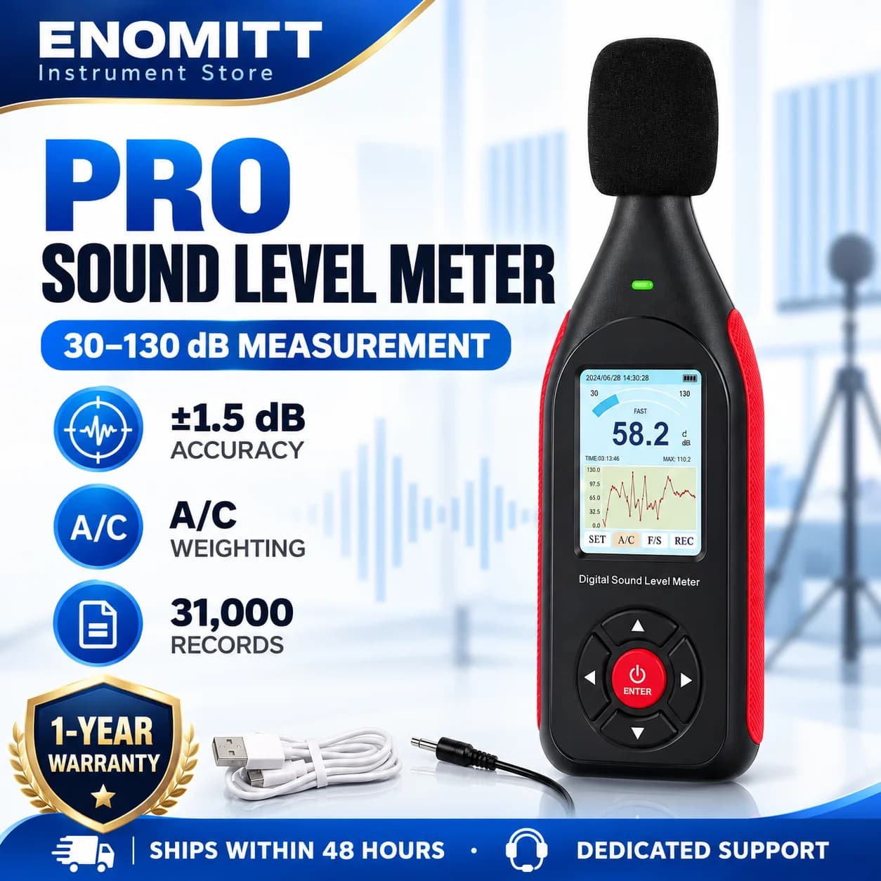 Decibel Meter Data Logger, Digital Sound Level Meter with Recording, dB Meter 30~130dB, 31,000 Data, 3 Color Light Alarm
